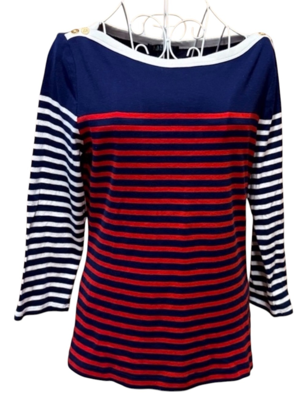 Lauren Ralph Lauren Striped Boatneck Top Navy Red White 3/4 Sleeve L